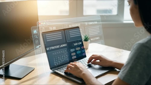 Digital to do list system displayed over user working on laptop, focusing on productivity, task management, and strategic planning for successful project execution in personal or business setting