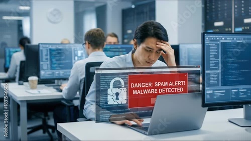 Spam email alert danger concept. person typing on laptop receives scam notification, illustrating cybersecurity risk and data breach threat in modern digital workspace