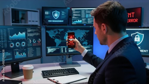 Corporate man handling emergency alert notification on mobile phone, concept of warning message, cyber threat monitoring, digital security breach, urgent system error, and risk management