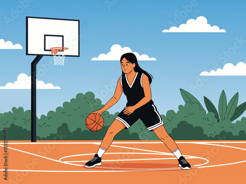 Vector illustration of a young woman with long hair dribbling a basketball on an outdoor court on a sunny day