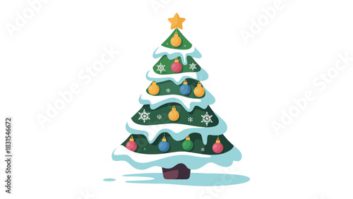Festive Tree Illustration: A whimsical illustration of a beautifully decorated Christmas tree, a beacon of holiday cheer, with ornaments, a star, and snowy accents.