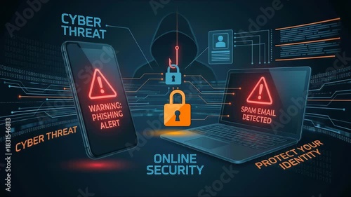 Concept of phishing scam, cyber threat, email fraud, and online security. Warning spam email alert on smartphone and laptop. cybersecurity risks to protect digital identity from hacker