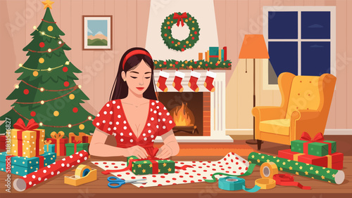 Wrapping Christmas Gifts in a Cozy Home Setting Illustration