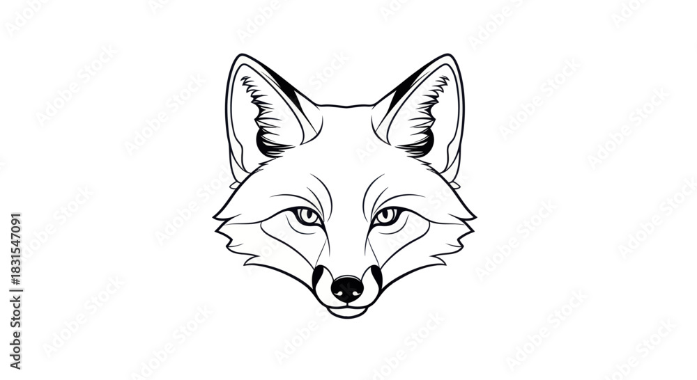 Obraz premium Black and White Line Art Illustration of a Fox Head with Detailed Facial Features and Ears for