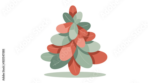 Stylized botanical illustration : A simple and aesthetically pleasing illustration of a unique tree, crafted with a modern flat design. The tree is composed of layered leaves in a mix of soft tones.