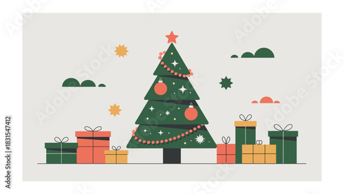 Festive Cheer and Gift Gathering: Capturing the essence of a joyous celebration, a beautifully adorned fir tree stands tall amidst an array of colorful presents.