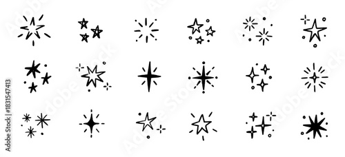 Hand drawn star spark doodle element icon set. Star shape twinkle glitter spark shine crayon grunge brush line icons. Hand drawn sketch doodle style. Light decoration background vector illustration