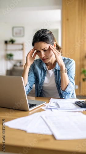 Worried woman sitting at a desk with laptop and documents, holding her head with her hands in frustration at home