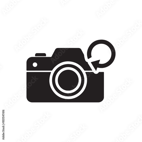 Simple filled vector of a camera with circular arrow refresh symbol.
