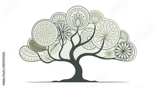 Floral Tree Art: A decorative illustration depicts an artistic tree featuring an array of circular floral designs as its leaves, offering a touch of elegance and natural beauty.