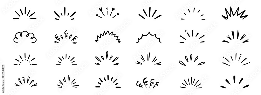 Naklejka premium Hand drawn line art bursts with surprise rays and sparkles. Doodle hand drawn starburst icons shine bright. Surprise shapes for comic effects, manga splash, cartoon decorations. Vector illustration