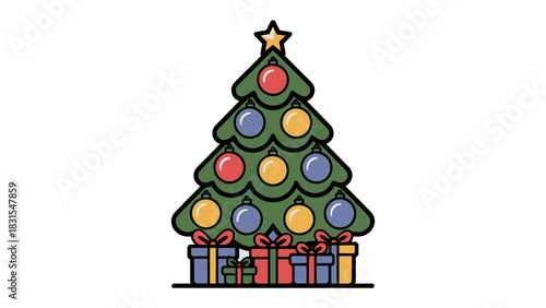 Festive cheer and the magic of the Christmas season: The illustration captures the essence of the Christmas, embodying festive cheer with adorned tree and bundled presents. 