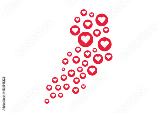 Vector flying red love hearts stream social media emoji icons pattern doodle feedback internet reaction comment post layout bubble confetti colorful celebration background like set design.