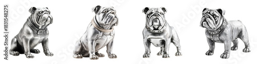 Silver Bulldog Figurines in Different Poses, Collectible Statues on White Background