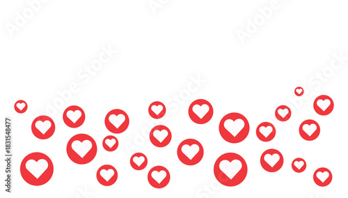 Vector flying red love hearts stream social media emoji icons pattern doodle feedback internet reaction comment post layout bubble confetti colorful celebration background like set design.