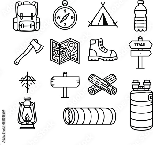 Collection of camping and hiking related icons, perfect for outdoor adventures and exploration.
