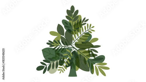 Evergreen Elegance: A stylized evergreen, lush with diverse leaf textures, stands in stark simplicity, a symbol of growth and resilience.