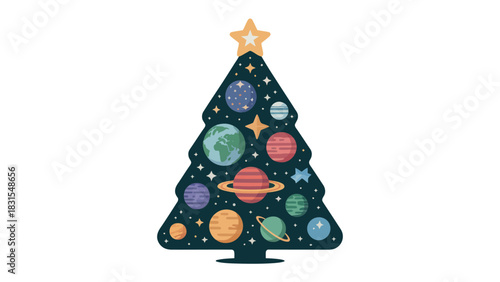Celestial Holiday: A whimsical Christmas tree, adorned with planets and stars, sparkles with festive charm, symbolizing the wonders of the cosmos and the joy of the season.