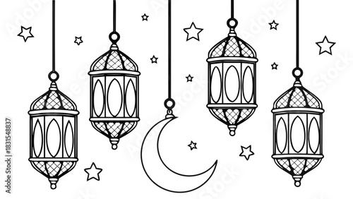 Vector illustration of decorative Islamic lanterns with a crescent moon and scattered stars hanging elegantly on  white background, symbolizing Ramadan and Eid celebrations