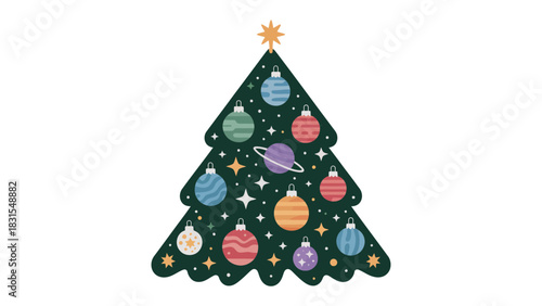 Celestial Christmas: Festive evergreen adorned with planet-themed ornaments, twinkling stars and topped with a radiant star, captures a playful blend of holiday cheer and cosmic wonder.