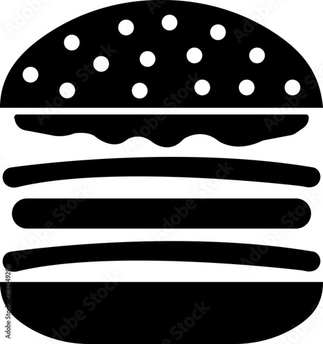 Burger fast food icon in black flat style featuring sandwich, hamburger, cheeseburger, snack, meal, cuisine, deli, and food related synonym elements for restaurant branding and menu design