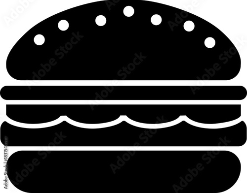 Burger fast food icon in black flat style featuring sandwich, hamburger, cheeseburger, snack, meal, cuisine, deli, and food related synonym elements for restaurant branding and menu design