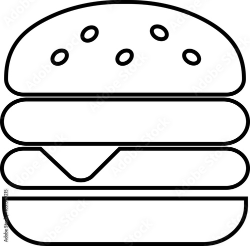 Burger fast food icon in black line style featuring sandwich, hamburger, cheeseburger, snack, meal, cuisine, deli, and food related synonym elements for restaurant branding and menu design