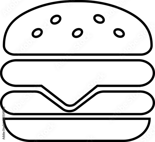 Burger fast food icon in black line style featuring sandwich, hamburger, cheeseburger, snack, meal, cuisine, deli, and food related synonym elements for restaurant branding and menu design