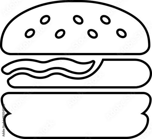 Burger fast food icon in black line style featuring sandwich, hamburger, cheeseburger, snack, meal, cuisine, deli, and food related synonym elements for restaurant branding and menu design