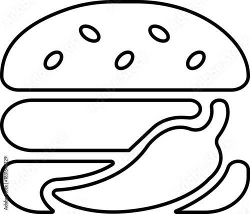 Burger fast food icon in black line style featuring sandwich, hamburger, cheeseburger, snack, meal, cuisine, deli, and food related synonym elements for restaurant branding and menu design