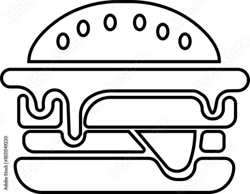 Burger fast food icon in black line style featuring sandwich, hamburger, cheeseburger, snack, meal, cuisine, deli, and food related synonym elements for restaurant branding and menu design