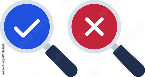 Magnifying glass checkmark cross mark, search result flat vector icon
