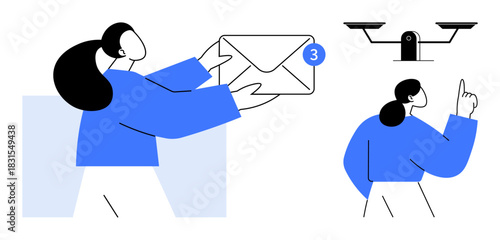 Person holding large envelope with notifications and pointing toward smart surveillance cameras. Ideal for communication, privacy, technology, email, security, alert management, and modern systems