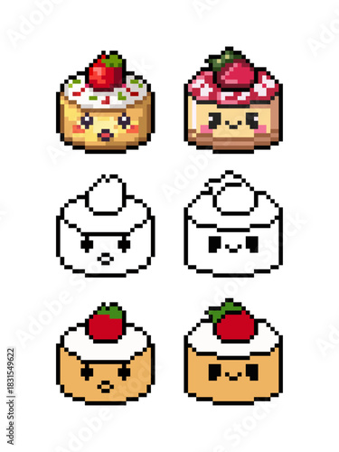 A delightful set of 8-bit style pixel art strawberry cheesecake icons. This collection features two variations of a cute round cake topped with a fresh red strawberry.
