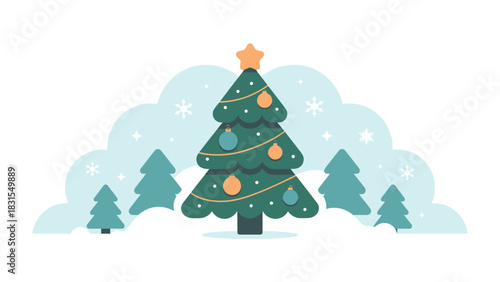 Festive Pine: A stylized illustration of a decorated Christmas tree set against a backdrop of snow-dusted firs and gently falling snowflakes, evoking the warmth and cheer of the holiday season.