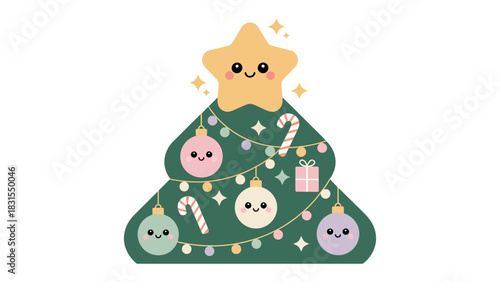 Festive Christmas Tree with Cute Star: A heartwarming illustration of a christmas tree is adorned with endearing ornaments and a cheerful star at the top.
