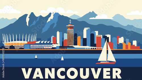 Vancouver Skyline Cityscape with Stadium and Sailboat on Water Illustration