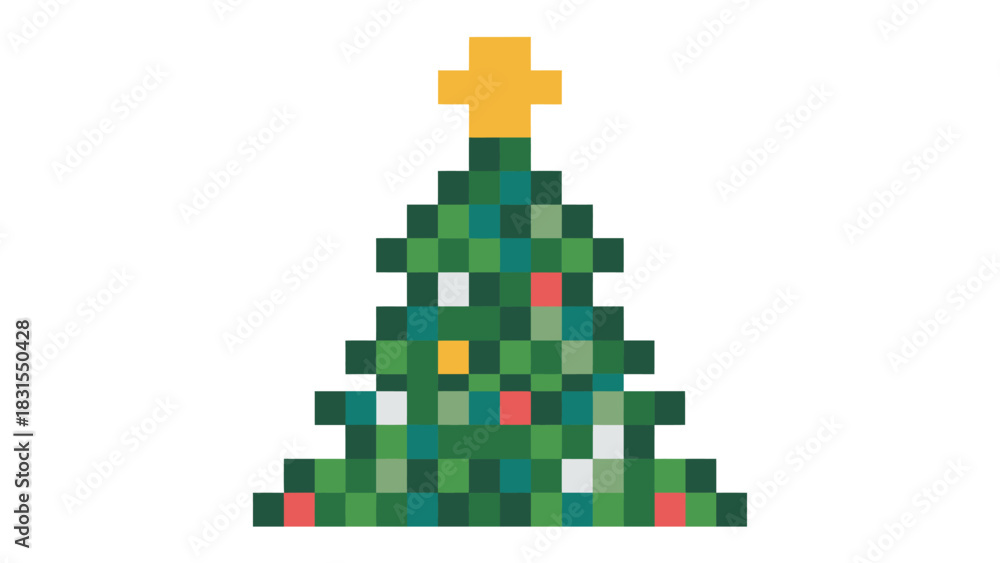 Fototapeta premium Pixelated Holiday Cheer: A festive pixelated Christmas tree stands tall, adorned with lights and topped with a golden star, embodying the spirit of the season.