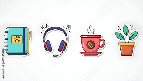 Cozy Morning Digital Planner, Headphones, Coffee, and Houseplant Stickers