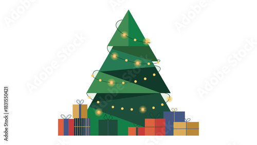 Festive Holiday Display: A vibrant Christmas tree stands adorned with glowing lights and nestled amidst a collection of colorful presents, exuding warmth and excitement.