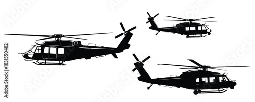 Three Helicopter Silhouettes (Military or Transport), Set of Black Hawk Style Helicopters, Emergency or Rescue Helicopter Vector, Military Aircraft Collection, silhouette, illustration, vector.