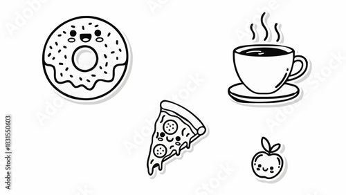 Cartoon food set doughnut, pizza slice, coffee cup, and apple. Cute, black and white illustrations