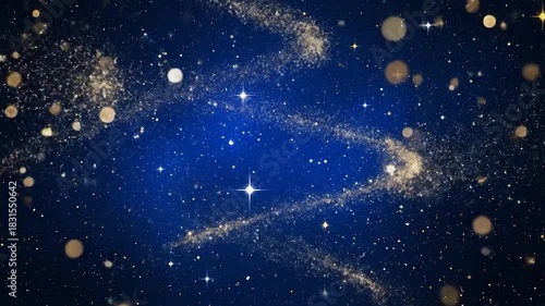 Night sky, deep blue, scattered bright stars and sparkling dust trails, bokeh elements