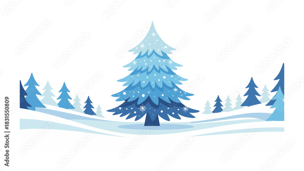 Fototapeta premium Winter Wonderland Scene: A serene winter landscape, showcasing a snow-covered fir tree amidst a backdrop of snowy hills, evoking a sense of calm and natural beauty.