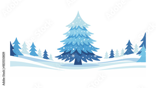 Winter Wonderland Scene: A serene winter landscape, showcasing a snow-covered fir tree amidst a backdrop of snowy hills, evoking a sense of calm and natural beauty.
