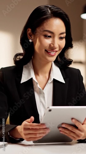 Smiling woman with tablet wearing professional black suit, white shirt