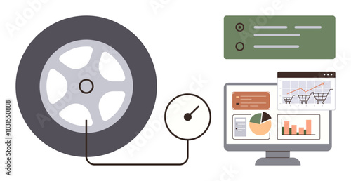 Tire and pressure gauge connected, computer displaying charts, graphs, and analytics. Ideal for analytics, vehicle maintenance, efficiency, data tracking, business monitoring and technology