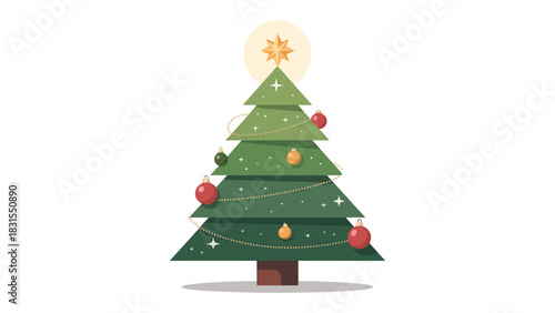 Festive Evergreen Delight: A meticulously crafted illustration of a decorated Christmas tree, aglow with ornaments and crowned with a radiant star, embodies the spirit of the season.