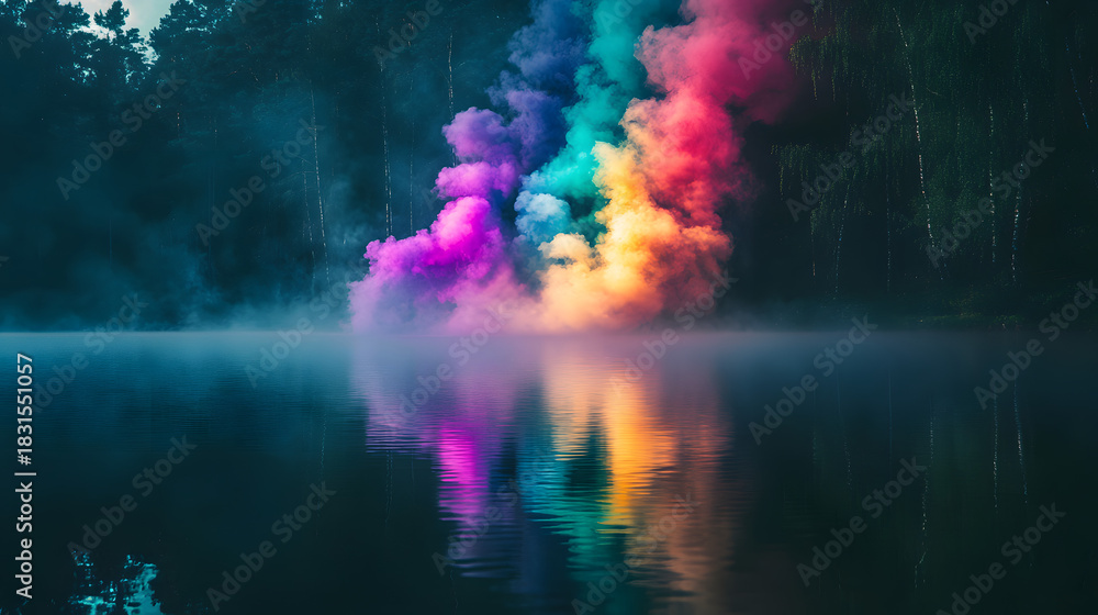 Fototapeta premium Vibrant rainbow smoke billows across tranquil lake, a stunning display of nature's artistry and colorful serenity reflecting in calm waters