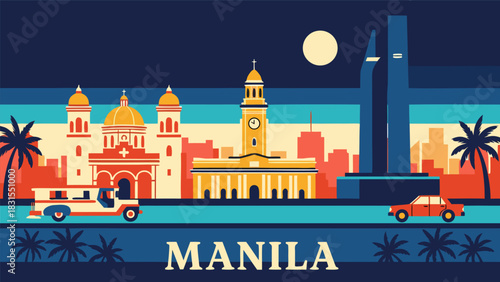 Vintage Manila skyline vector illustration. Flat design graphic of the Philippines capital with famous landmarks, jeepney, and palm trees for travel
